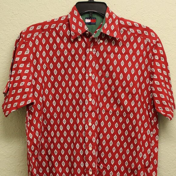 Tommy Hilfiger Men's Dress Shirt Red Size S Cotton Short Sleeve Diamond Pattern - Picture 9 of 9